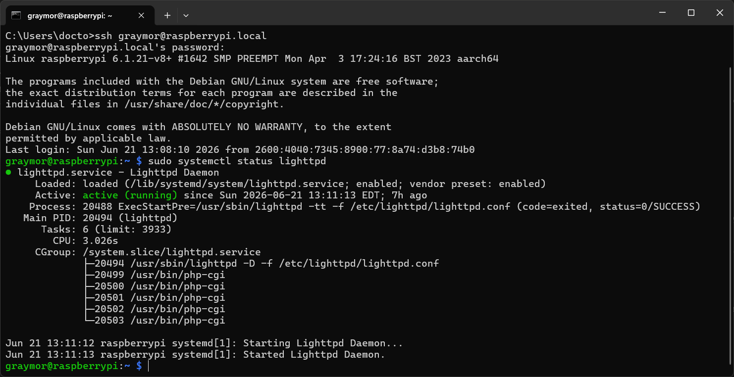 systemctl status output showing the lighttpd web server active and running