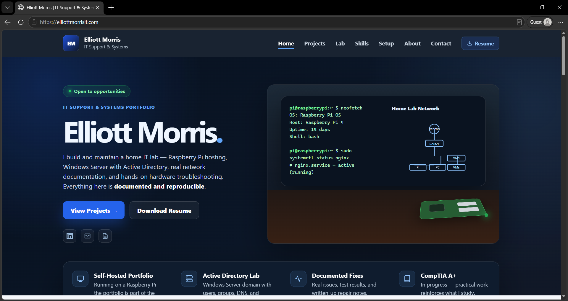The portfolio site loading in a browser at elliottmorrisit.com