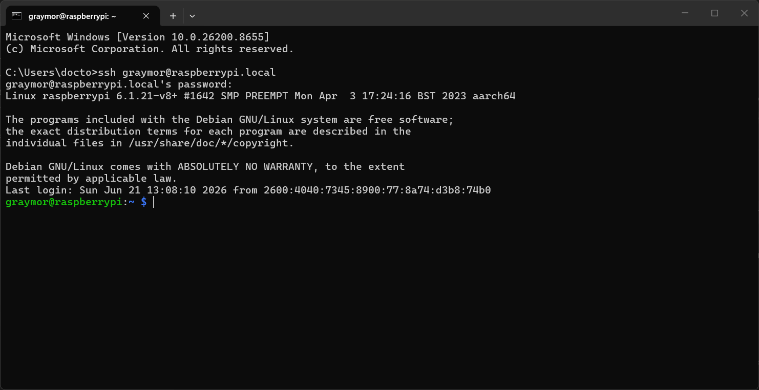 Windows Terminal SSH session connected to the Raspberry Pi showing the graymor@raspberrypi prompt